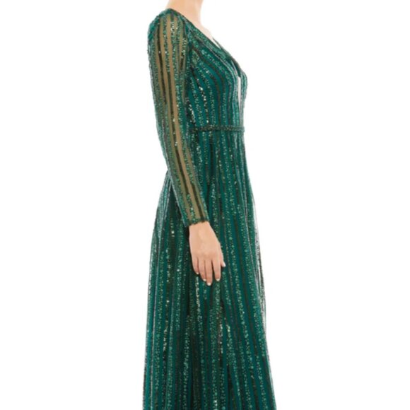 MAC DUGGAL 11184 PLUNGING STRIPED SEQUIN LONG SLEEVE EMERALD GREEN GOWN sz 18 - Picture 4 of 4